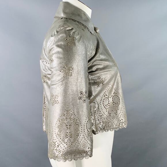 10 Silver Perforated Leather Peter Pan Collar Single Button Jacket Blazer - Picture 4 of 12